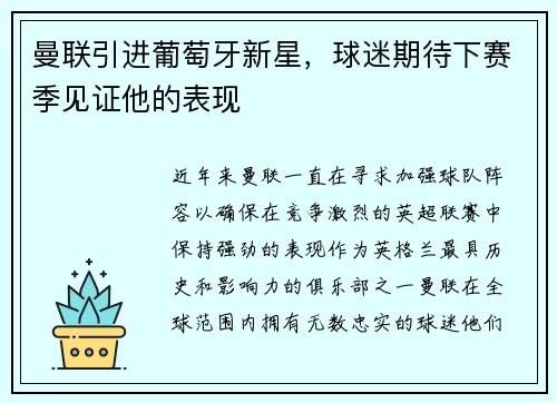 曼联引进葡萄牙新星，球迷期待下赛季见证他的表现